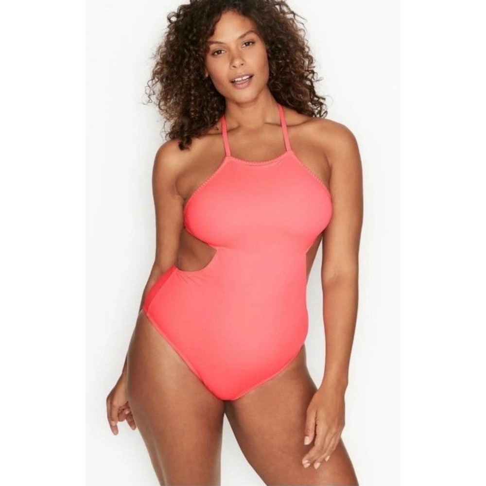 Victorias Secret Neon Pink Crochet High Neck Cutout One Piece Swimsuit Large NWT